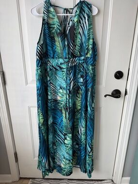 Tropical Palm Print Maxi Dress – Teal & Green